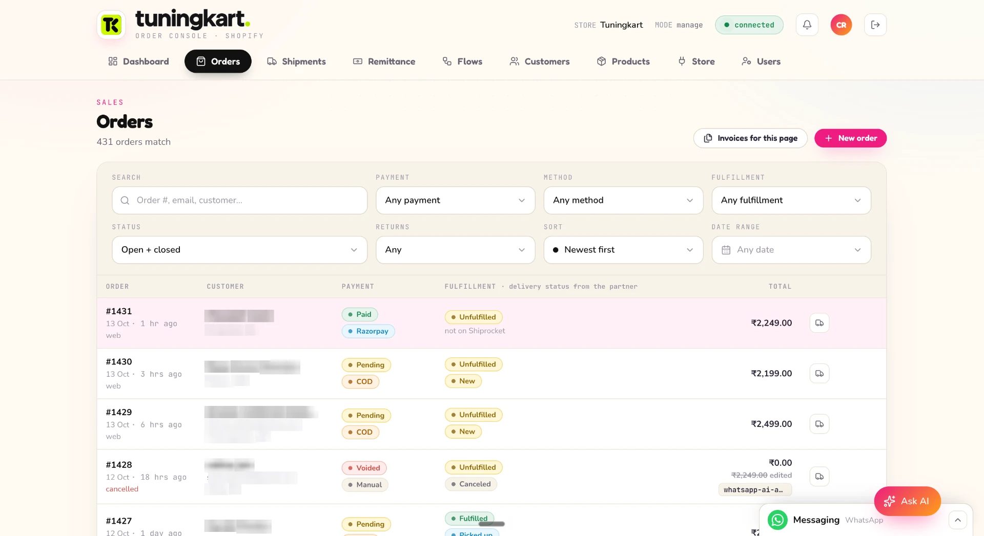 Orders list with payment, method, fulfillment and status filters
