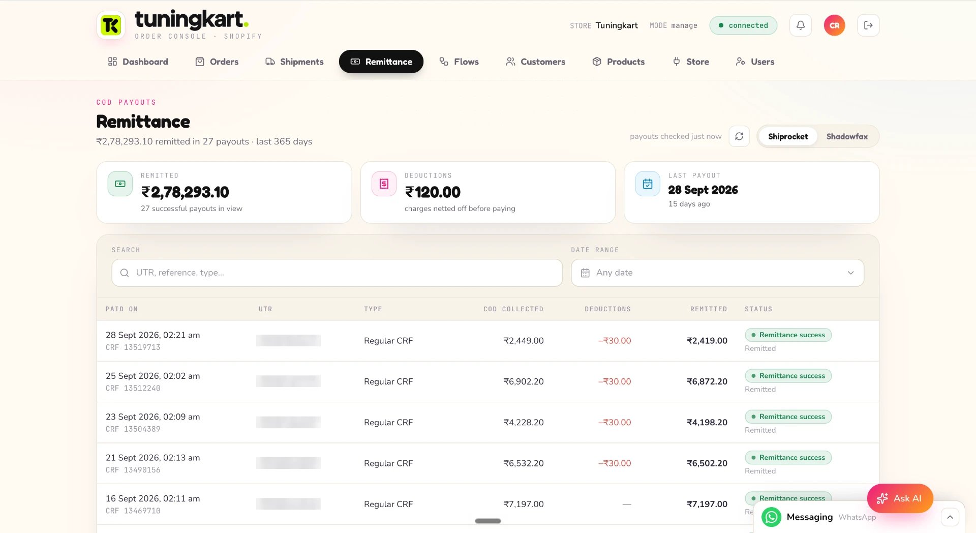 Remittance screen listing courier payouts