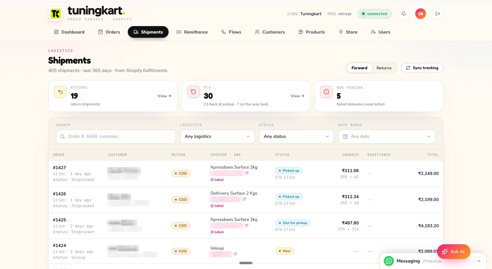 Shipments list showing status, charges, remittance and totals