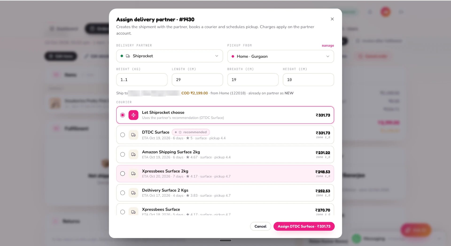 Assign delivery partner dialog listing couriers with prices