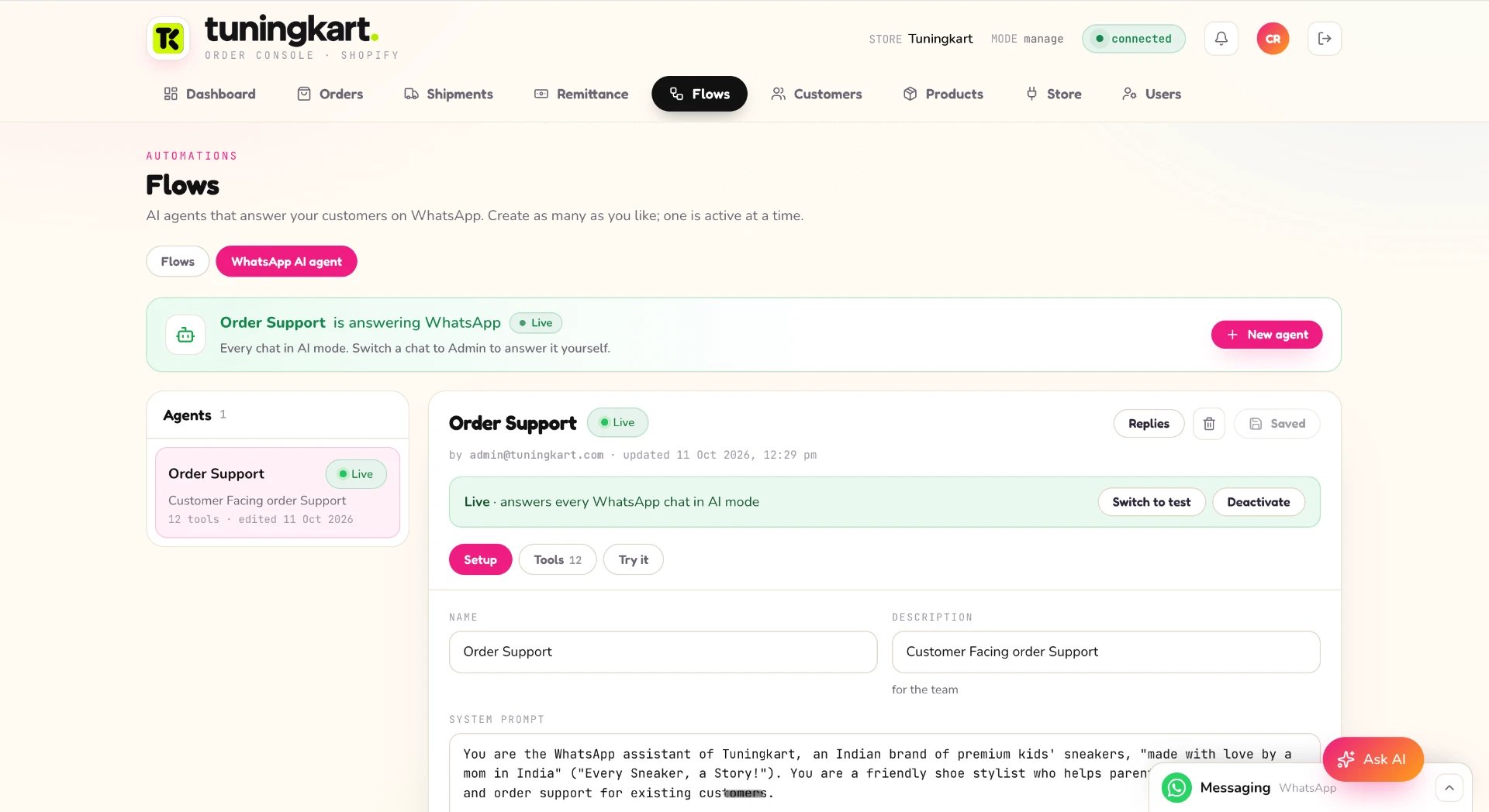 WhatsApp AI agent setup with live order support agent