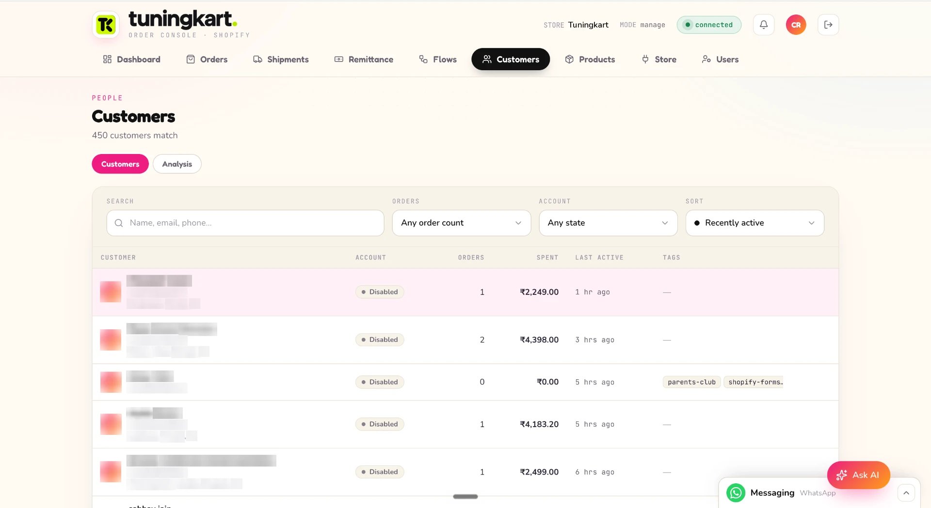 Customers list