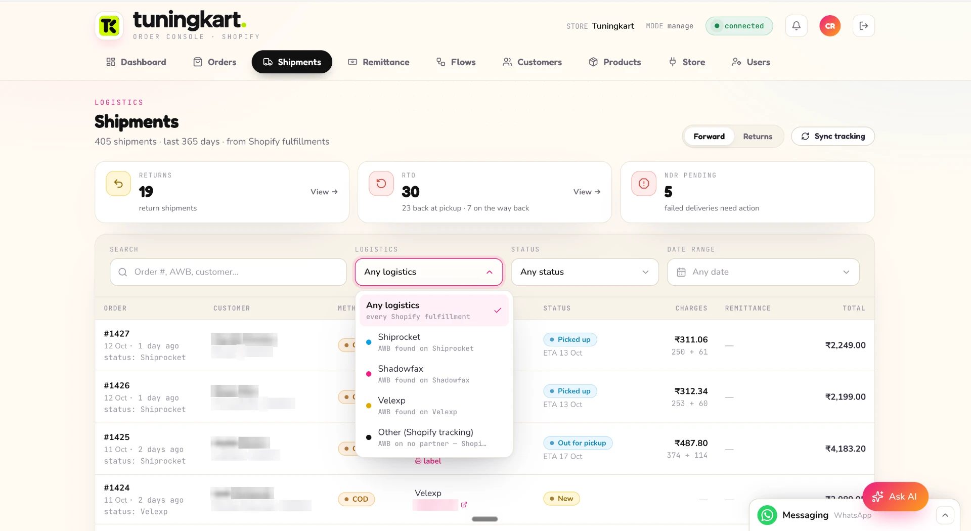 Shipments list with logistics partner filter dropdown open