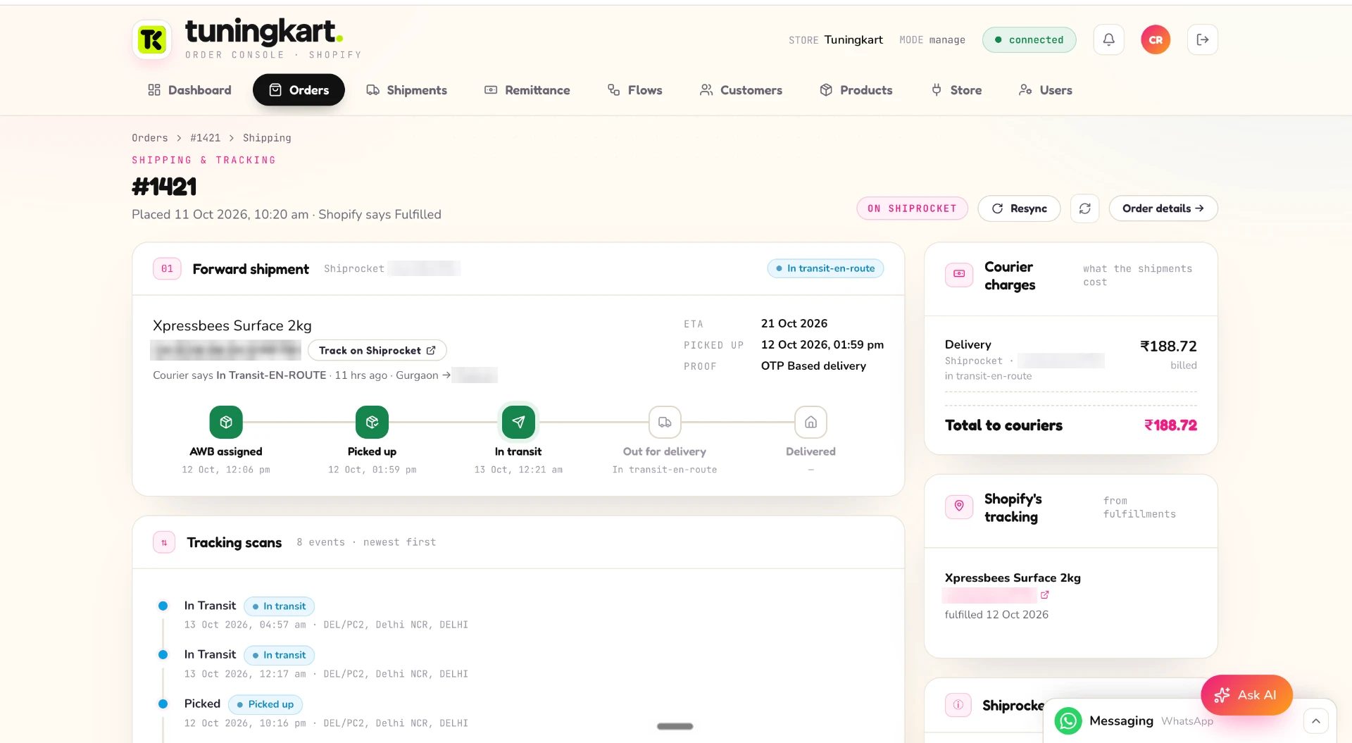 Shipping tracking page with courier details and tracking scans